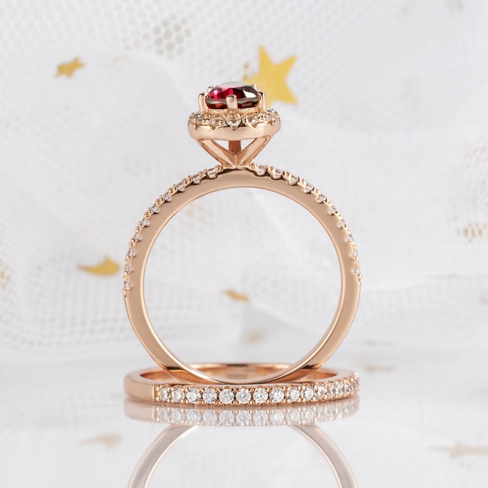 Sotiya Pear Cut Watermelon Rose Gold Halo Wedding Bridal Ring Set Sterling Silver-Sotiya