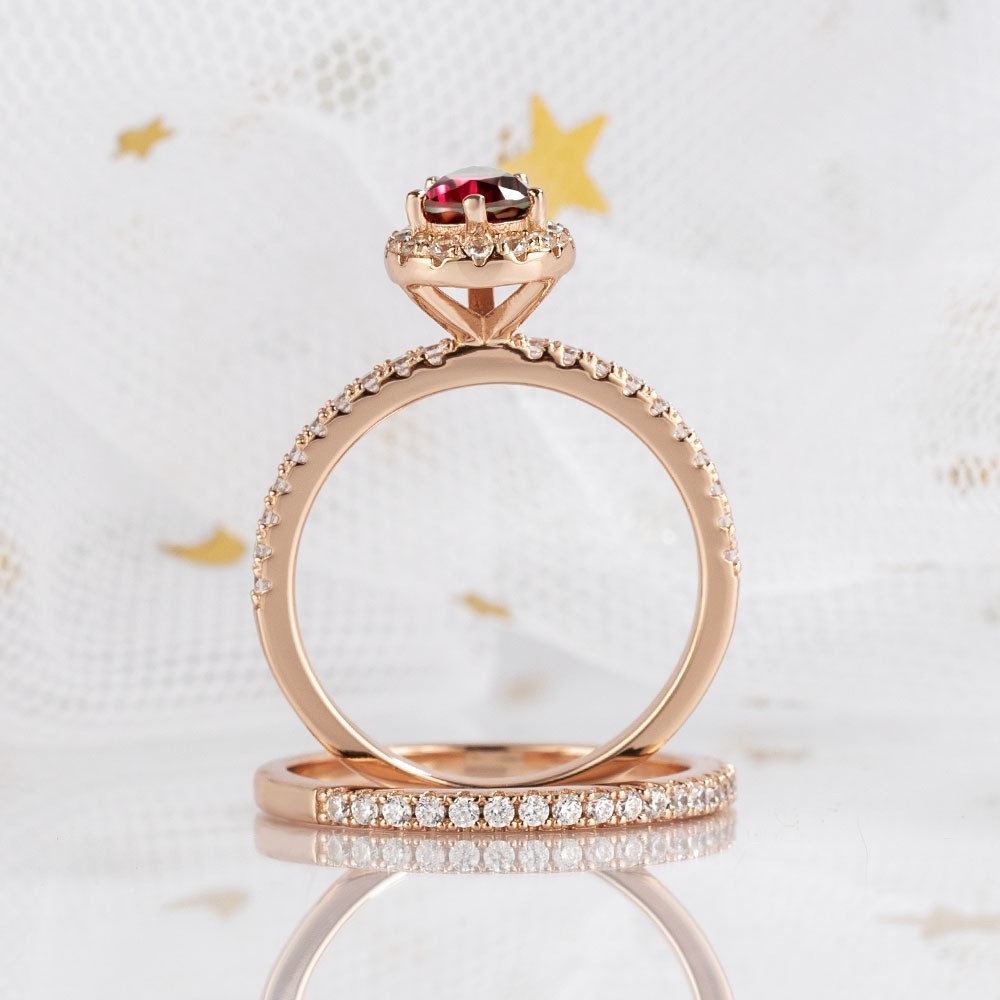Sotiya Pear Cut Watermelon Rose Gold Halo Wedding Bridal Ring Set Sterling Silver-Sotiya