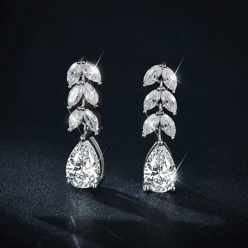 Sotiya Leaf Design Pear Cut Moissanite Drop Earrings Sterling Silver-Sotiya