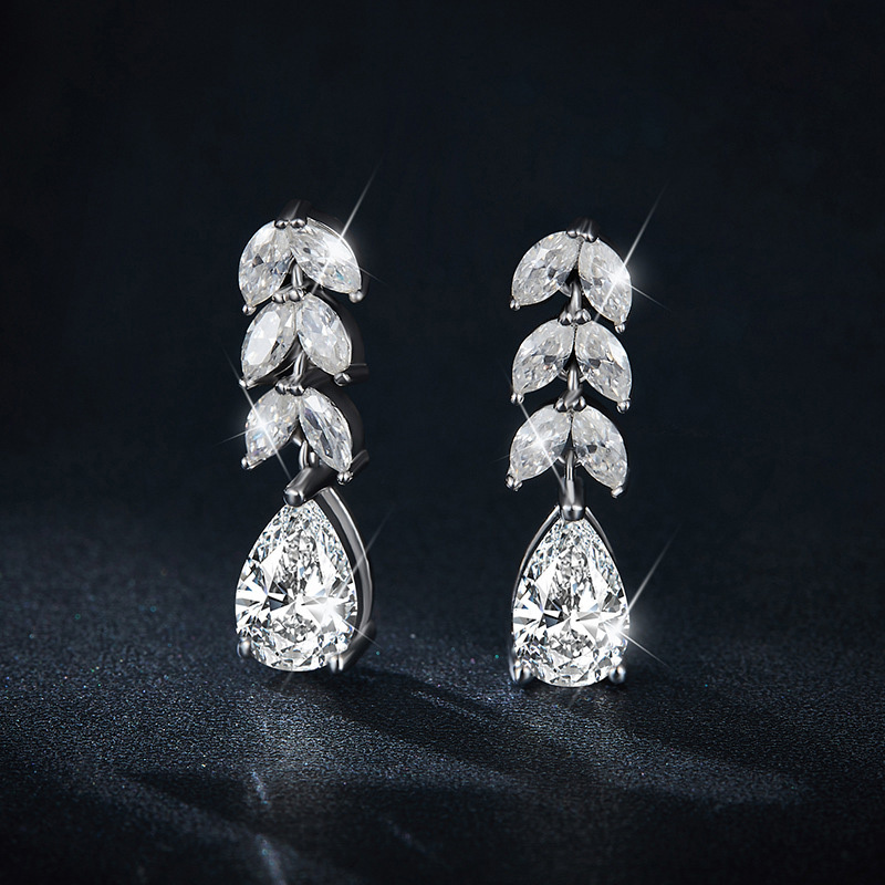 Sotiya Leaf Design Pear Cut Moissanite Drop Earrings Sterling Silver-Sotiya