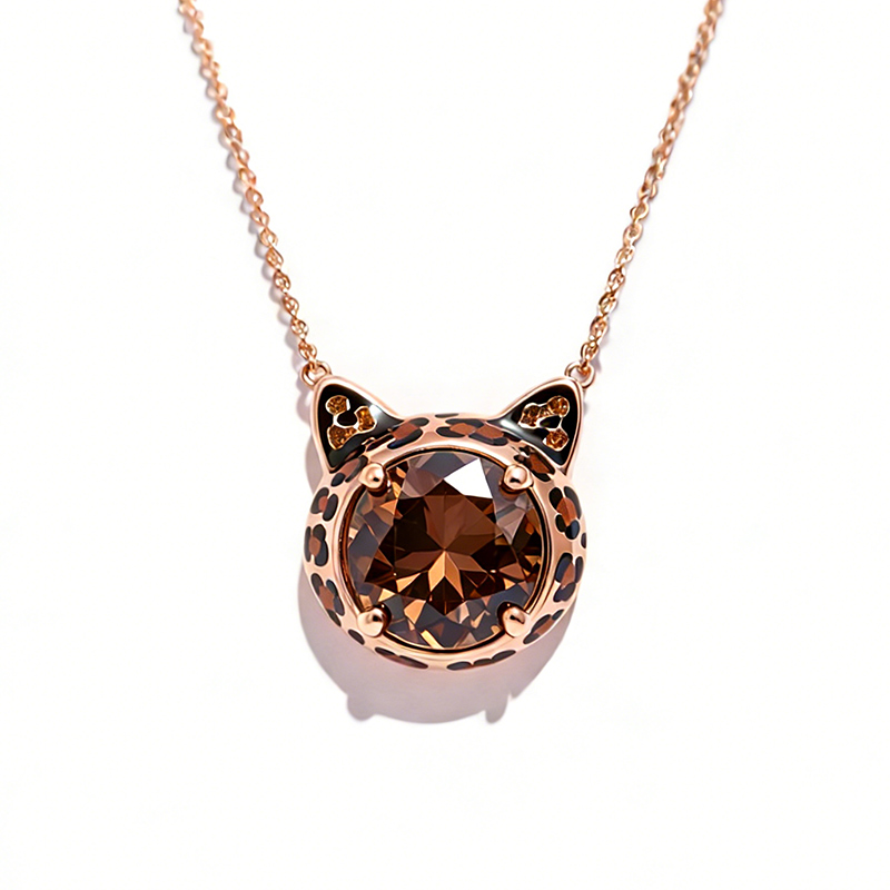 Sotiya Cat Design Round Cut Leopard Print Coffee Enamel Necklace Sterling Silver-Sotiya