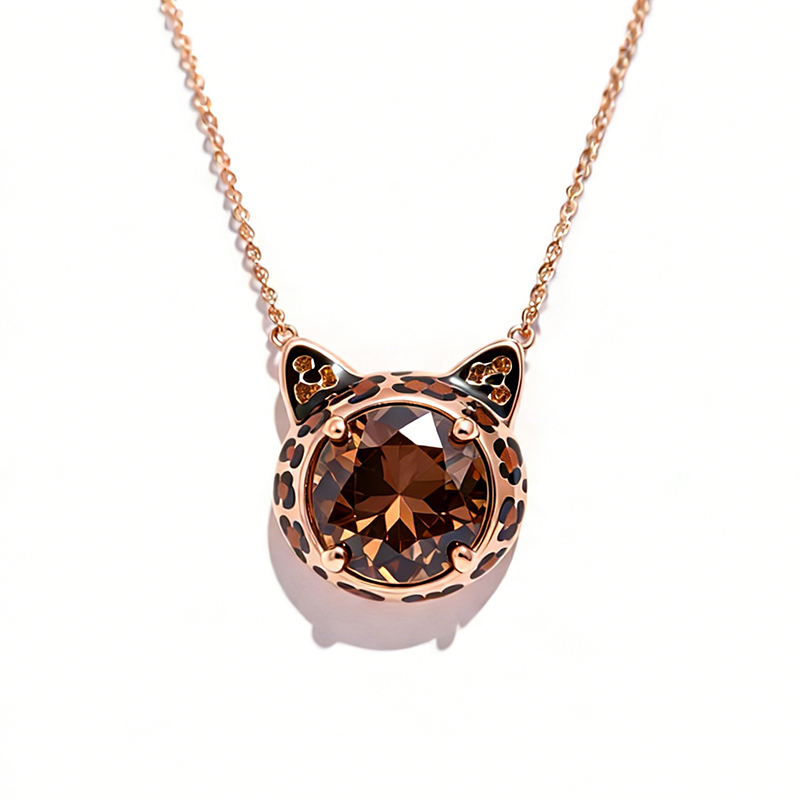 Sotiya Cat Design Round Cut Leopard Print Coffee Enamel Necklace Sterling Silver-Sotiya