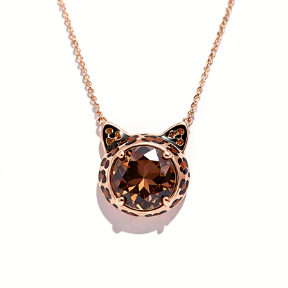 Sotiya Cat Design Round Cut Leopard Print Coffee Enamel Necklace Sterling Silver-Sotiya