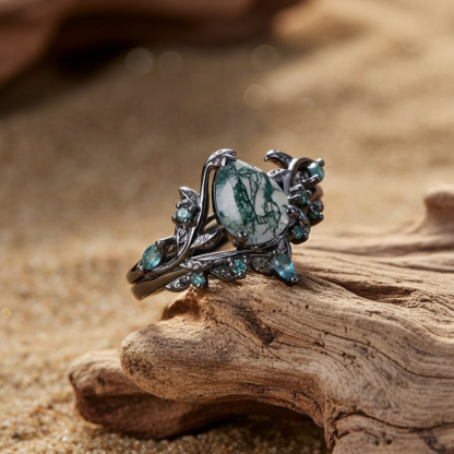 Sotiya Nature Inspired Pear Cut Green Moss Agate Wedding Bridal Ring Set Sterling Silver-Sotiya