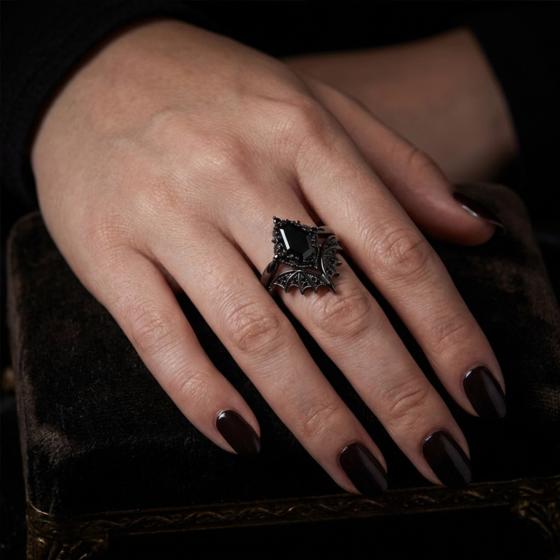 Sotiya Vintage Gothic Bat Coffin Cut Wedding Bridal Ring Set Sterling Silver