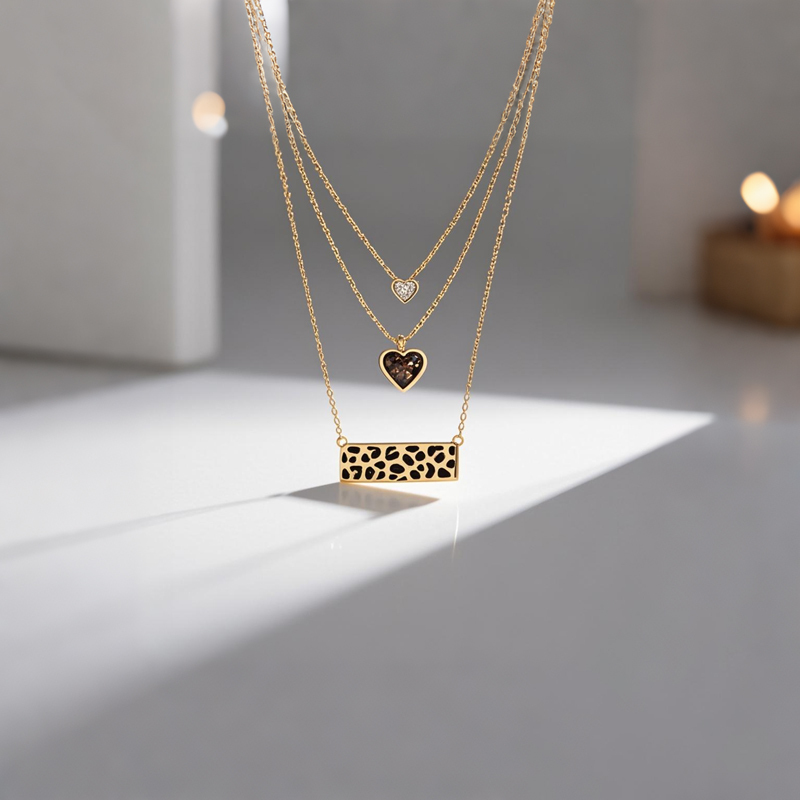 Sotiya Heart Cut Leopard Print Coffee Enamel Triple Layered Necklace Sterling Silver-Sotiya