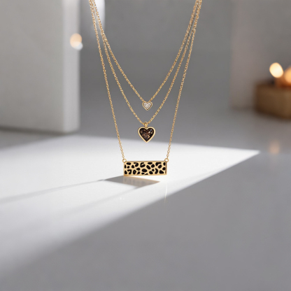 Sotiya Heart Cut Leopard Print Coffee Enamel Triple Layered Necklace Sterling Silver-Sotiya