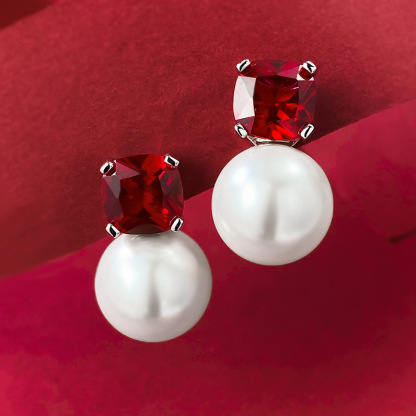 Sotiya Cushion Cut Garnet Red 10mm Pearl Stud Earrings Sterling Silver-Sotiya