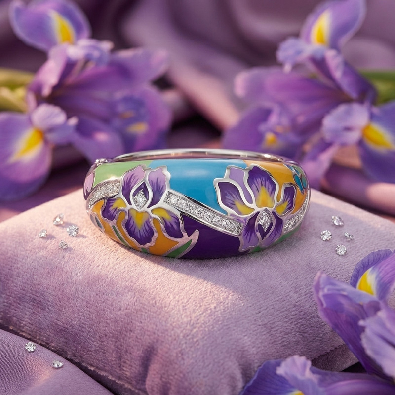 Sotiya Artist Collection Famous Painting Irises Inspired Enamel Women's Wedding Ring Sterling Silver-Sotiya