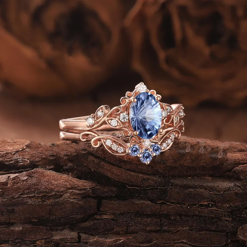Sotiya Vintage Cornflower Aquamarine Blue Oval Fantasy Starbrite Cut Wedding Bridal Ring Set Sterling Silver-Sotiya