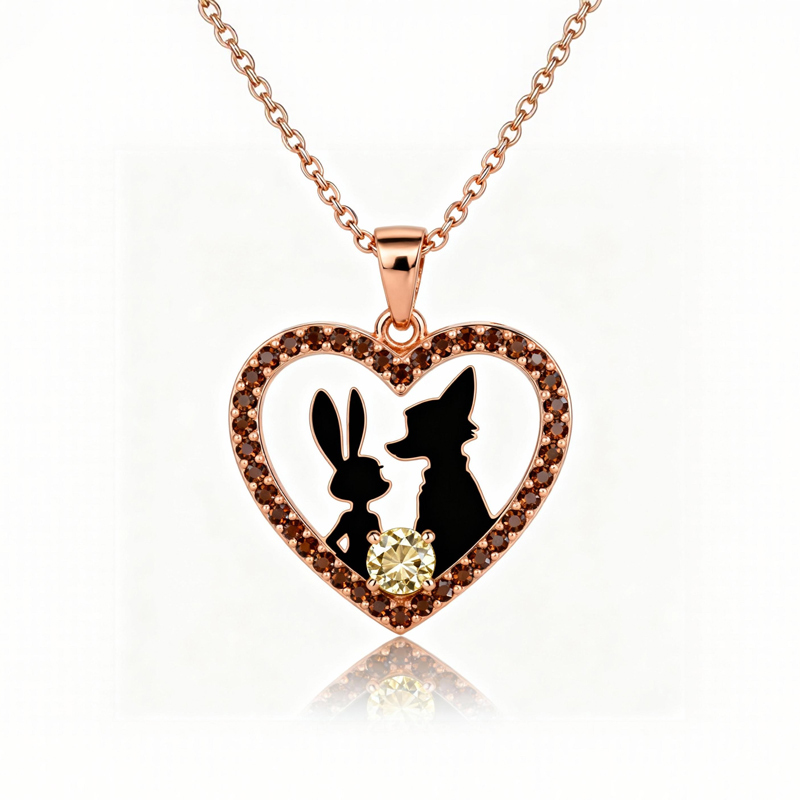Sotiya Animal City Heart Shaped Bunny & Fox Round Cut Coffee Necklace-Sotiya