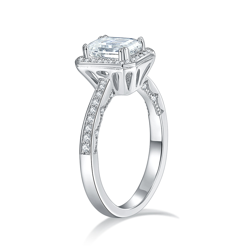 Sotiya Halo Emerald Cut Moissanite Engagement Ring Sterling Silver-Sotiya