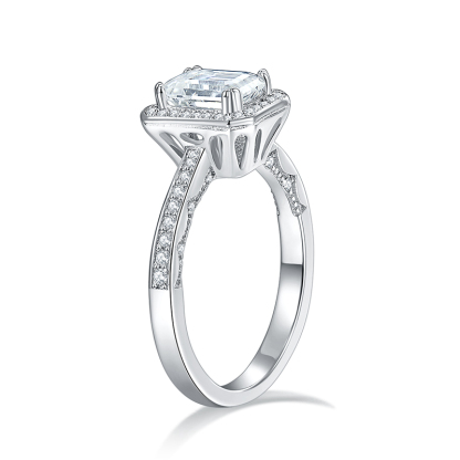Sotiya Halo Emerald Cut Moissanite Engagement Ring Sterling Silver-Sotiya