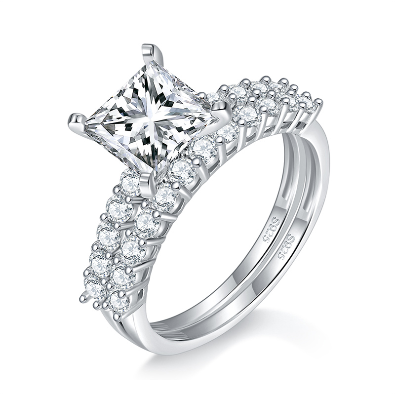 Sotiya Side Stones Princess Cut Moissanite Wedding Bridal Ring Set Sterling Silver-Sotiya