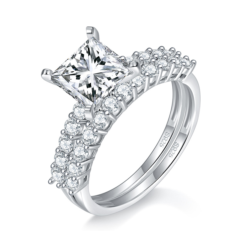 Sotiya Side Stones Princess Cut Moissanite Wedding Bridal Ring Set Sterling Silver-Sotiya