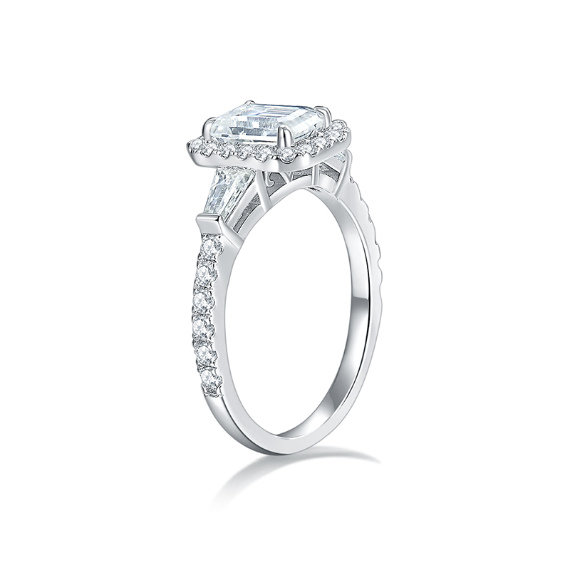 Sotiya Halo Side Stones Emerald Cut Moissanite Engagement Ring Sterling Silver-Sotiya