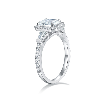 Sotiya Halo Side Stones Emerald Cut Moissanite Engagement Ring Sterling Silver-Sotiya