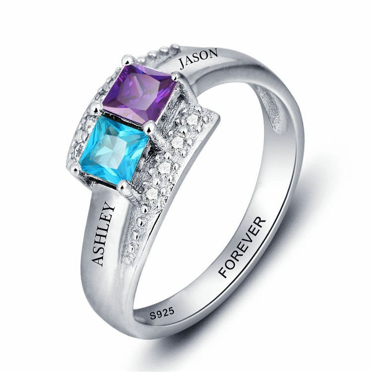 Sotiya Personalized Engagement Ring with Princess Cut Birthstone and Engraving Sterling Silver-Sotiya
