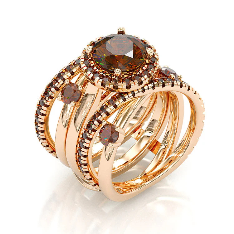 Sotiya Halo Round Cut Coffee Twist Enhancer Wedding Bridal Ring Set Sterling Silver-Sotiya