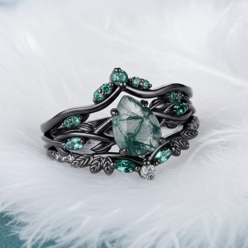 Sotiya 3PC Nature Inspired Pear Cut Green Moss Agate Wedding Bridal Ring Set Sterling Silver-Sotiya