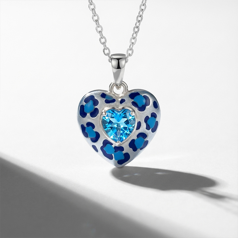 Sotiya Heart Cut Leopard Print Coffee Enamel Necklace Sterling Silver-Sotiya