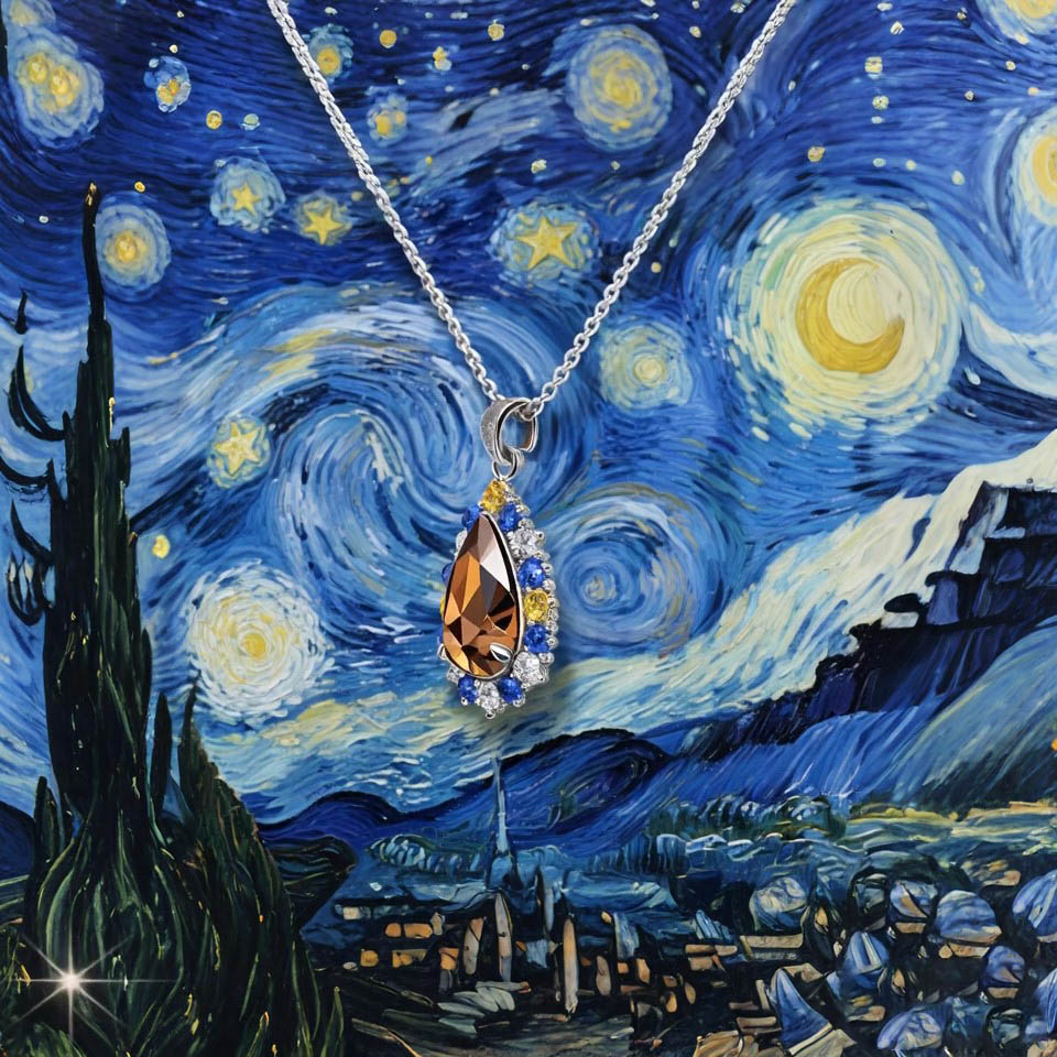 Sotiya Artist Collection Famous Painting Starry Night Halo Pear Cut Chocolate Necklace Sterling Silver-Sotiya