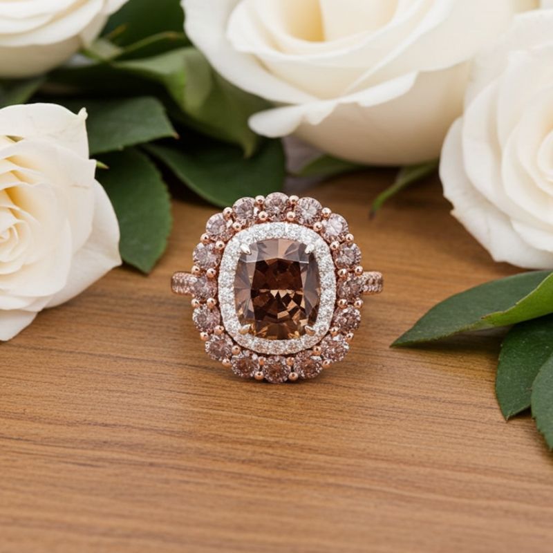 Sotiya Cathedral Double Halo Cushion Cut Coffee Engagement Ring Sterling Silver-Sotiya