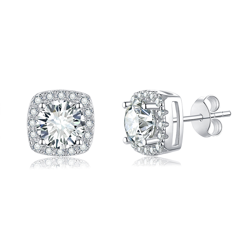 Sotiya Square Halo Design Round Cut Moissanite Stud Earrings Sterling Silver-Sotiya