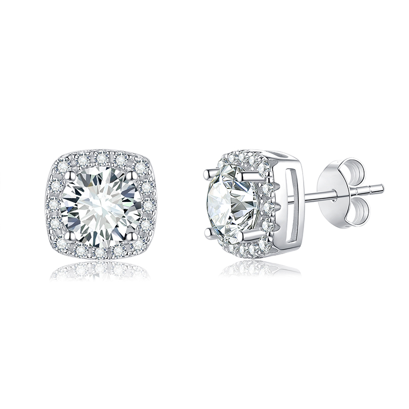 Sotiya Square Halo Design Round Cut Moissanite Stud Earrings Sterling Silver-Sotiya