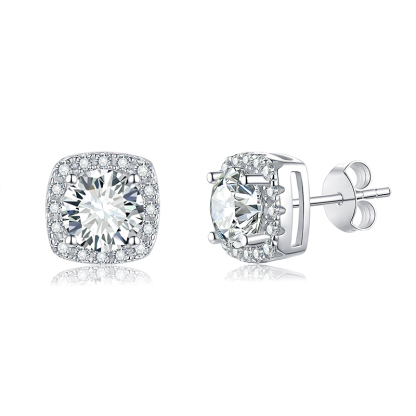 Sotiya Square Halo Design Round Cut Moissanite Stud Earrings Sterling Silver-Sotiya