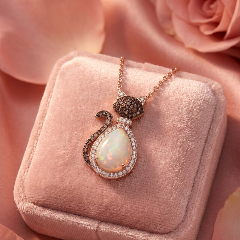 Sotiya Cat Design Halo Opal Pear Cut Coffee Necklace Sterling Silver-Sotiya