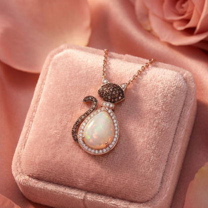 Sotiya Cat Design Halo Opal Pear Cut Coffee Necklace Sterling Silver-Sotiya
