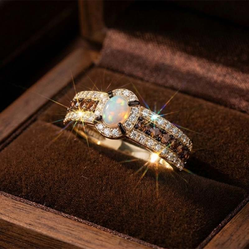 Sotiya Two Tone Halo Oval Cut Opal Coffee Engagement Ring Sterling Silver-Sotiya