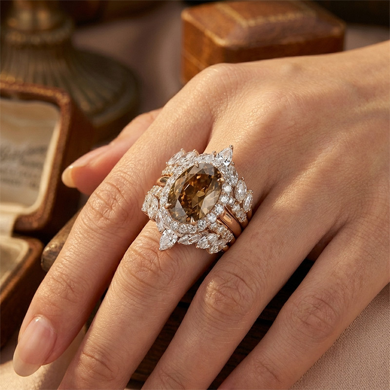 Sotiya 3PC Halo Oval Cut Coffee Wedding Bridal Ring Set Sterling Silver-Sotiya