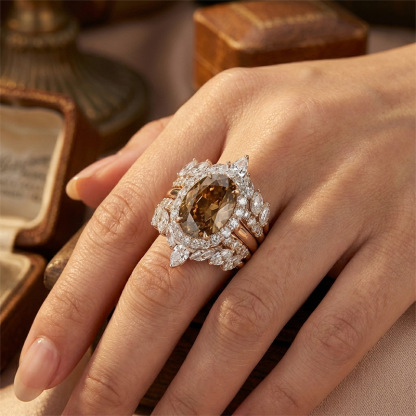 Sotiya 3PC Halo Oval Cut Coffee Wedding Bridal Ring Set Sterling Silver-Sotiya