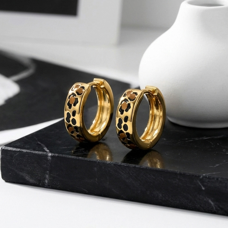 Sotiya Leopard Print Coffee Enamel Hoop Earrings Sterling Silver-Sotiya