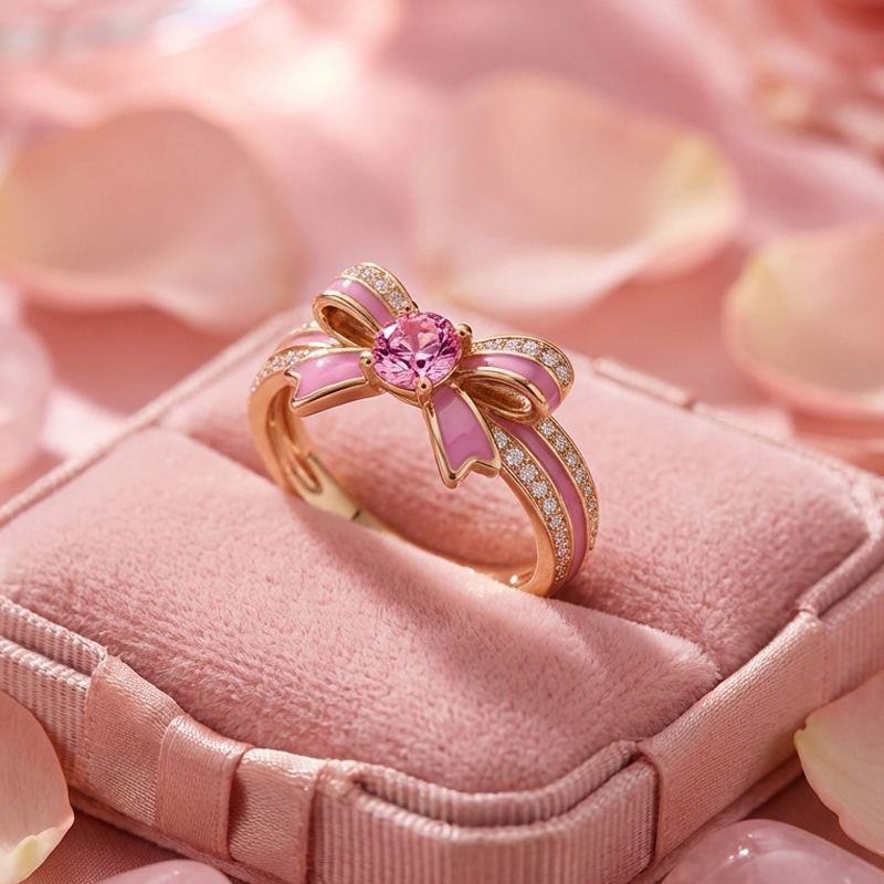 Sotiya Cushion Cut Bowknot Pink Enamel Promise Ring Sterling Silver-Sotiya