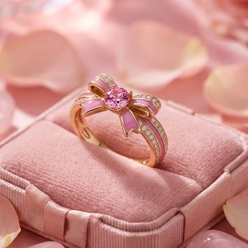 Sotiya Cushion Cut Bowknot Pink Enamel Promise Ring Sterling Silver-Sotiya