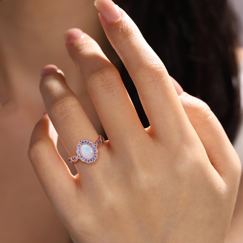 Sotiya Vintage Halo Oval Cut Opal Wedding Bridal Ring Set Sterling Silver-Sotiya