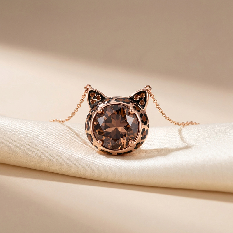 Sotiya Cat Design Round Cut Leopard Print Coffee Enamel Necklace Sterling Silver-Sotiya