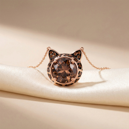 Sotiya Cat Design Round Cut Leopard Print Coffee Enamel Necklace Sterling Silver-Sotiya