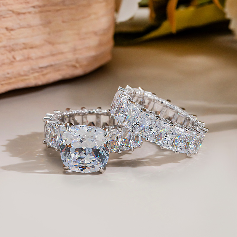 Sotiya Cushion Cut Three Sided Pave Wedding Bridal Ring Set Sterling Silver-Sotiya