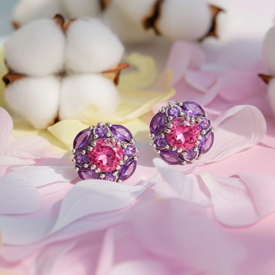 Sotiya Halo Amethyst and Hot Pink Round Cut Stud Earrings Sterling Silver
