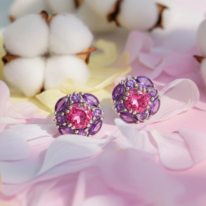 Sotiya Halo Amethyst and Hot Pink Round Cut Stud Earrings Sterling Silver