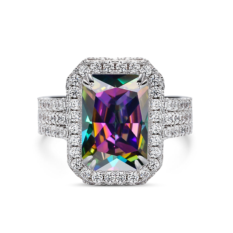 Sotiya Halo Radiant Cut Rainbow Mystic Quartz Engagement Ring Sterling Silver-Sotiya