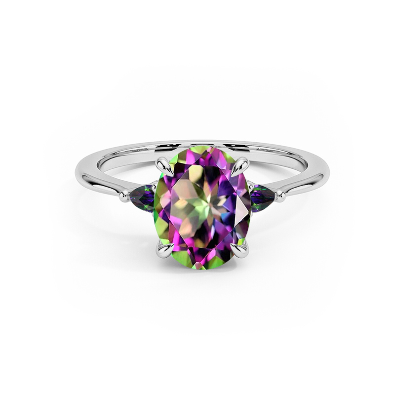 Sotiya Three Stone Oval Cut Rainbow Mystic Quartz Engagement Ring Sterling Silver-Sotiya