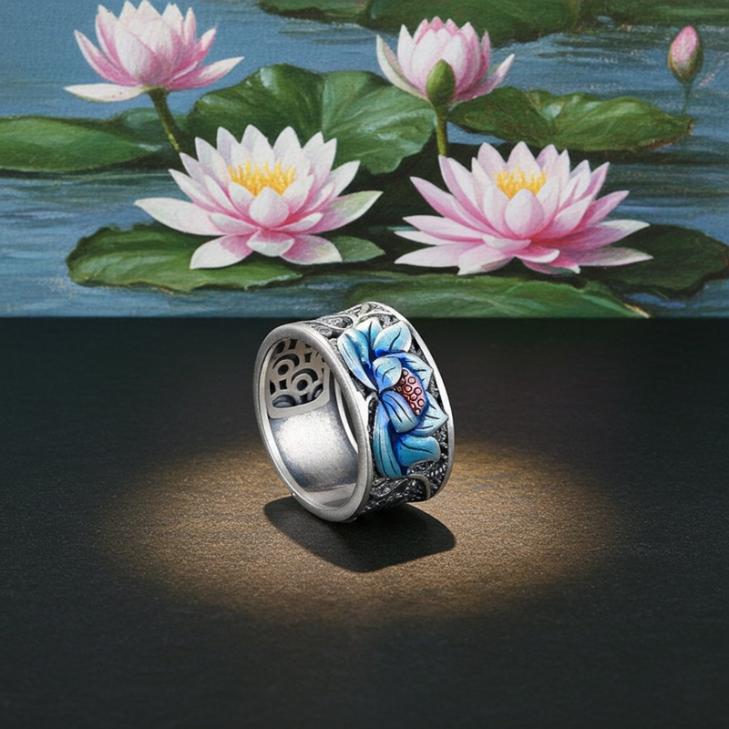 Sotiya Artist Collection Famous Painting Water Lilies Inspired Enamel Adjustable Ring Sterling Silver-Sotiya
