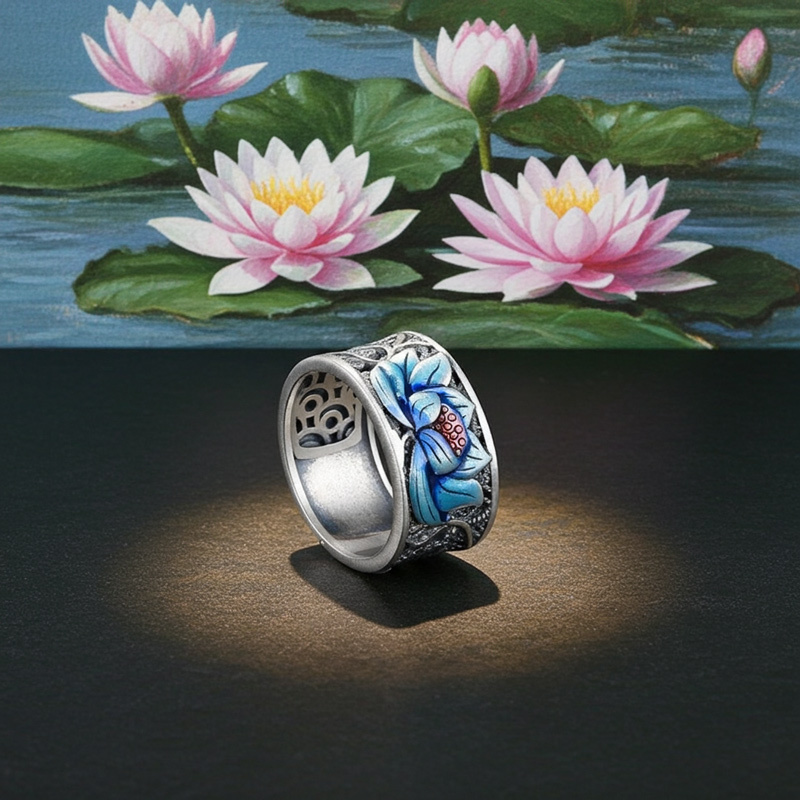 Sotiya Artist Collection Famous Painting Water Lilies Inspired Enamel Adjustable Ring Sterling Silver-Sotiya