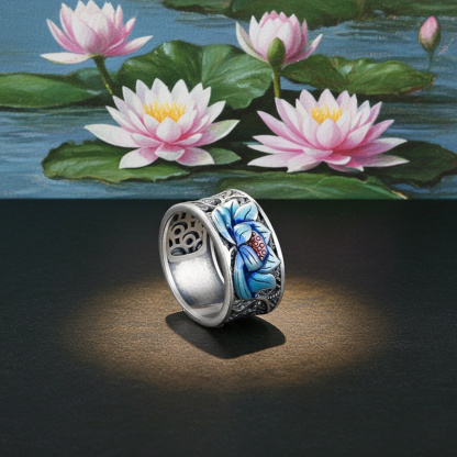 Sotiya Artist Collection Famous Painting Water Lilies Inspired Enamel Adjustable Ring Sterling Silver-Sotiya
