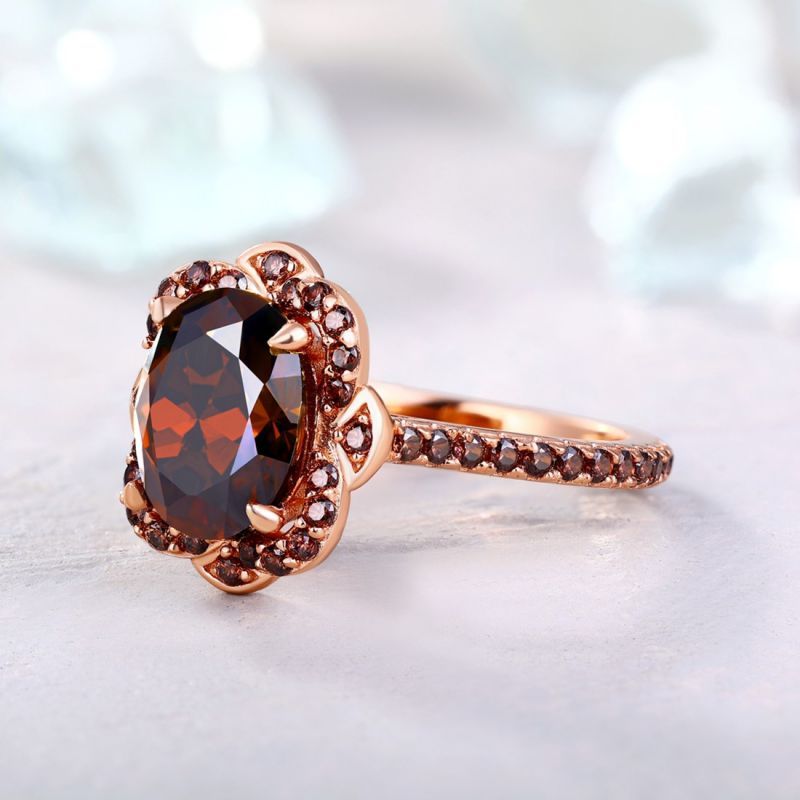 Sotiya Vintage Halo Oval Cut Coffee Engagement Ring Sterling Silver-Sotiya